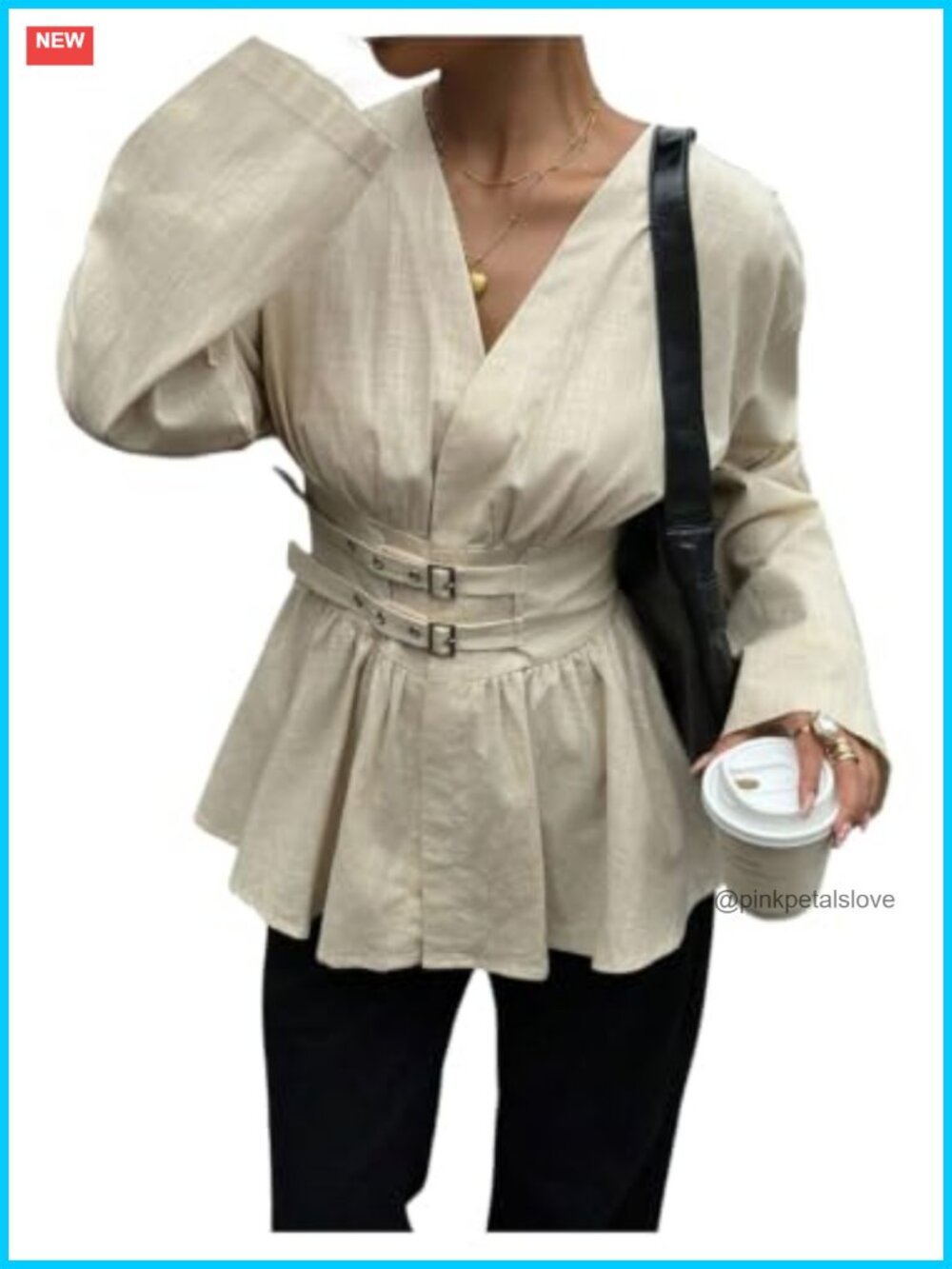 Women's Buckle Belted Peplum Blouse V Neck Bell Sleeve Corset Top
